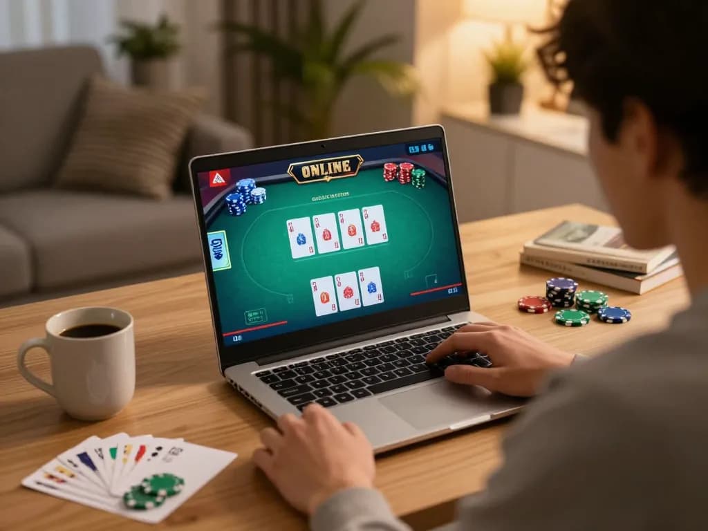 Engaged player utilizing rwin strategies for online poker, showcasing focus and comfort in home office.
