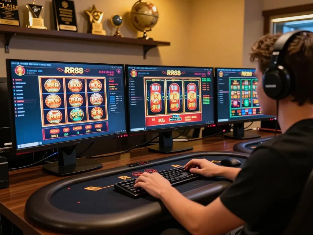 Engaging RR88 online gaming session showcasing diverse casino games on multiple screens.