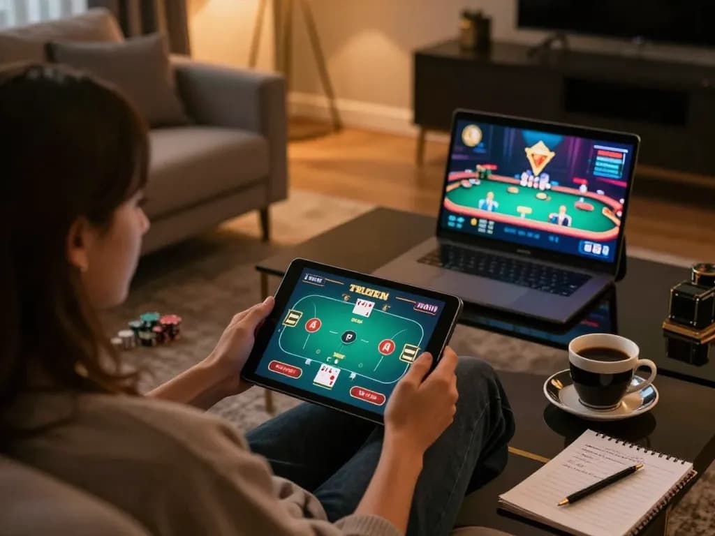 Engage in exciting online poker gaming with đăng ký SC88 on a stylish tablet in a cozy living room.