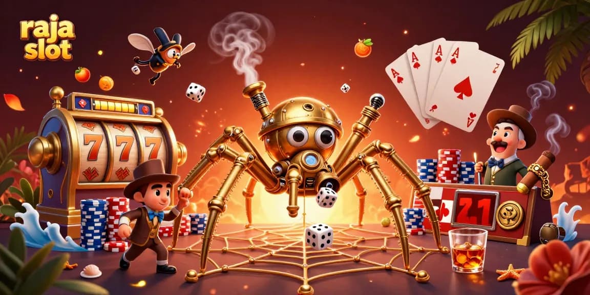 Join the raja slot adventure with a steampunk spider catching dice and a fly gentleman amidst lively gaming elements.