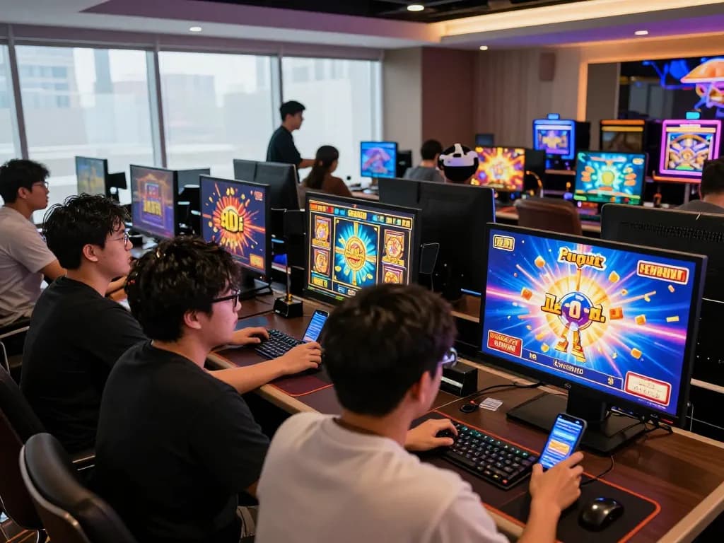 Suasana permainan online yang menarik dengan pemain menikmati permainan situs slot di atmosfer kasino yang meriah.
