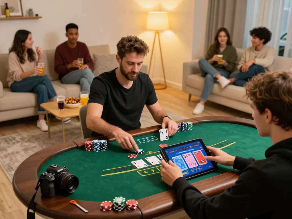 B52CLUB player enjoying live dealer blackjack on tablet in a cozy home setting with snacks