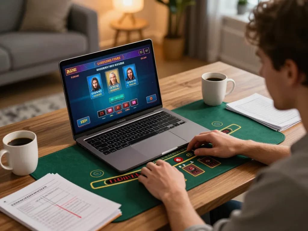 Seorang pemain yang menikmati pengalaman kasino online aman788 dengan permainan dealer langsung yang menarik dan catatan strategi terlihat