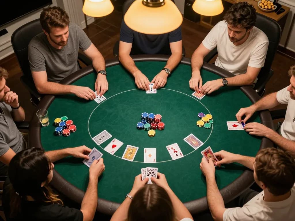 RR88 poker game setup with colorful chips and engaged players at a cozy home gathering.