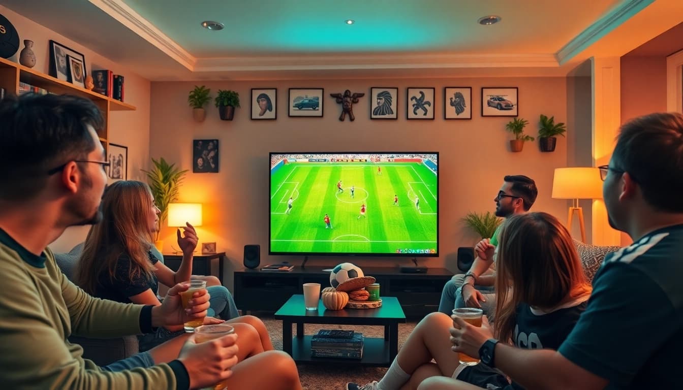 Fans enjoying a dynamic football experience on Luongson TV in a lively living room.