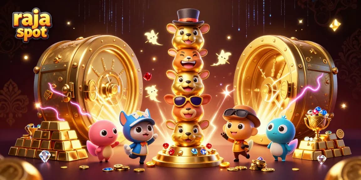 Engage in big wins with raja slot and vibrant gold treasures in a casino-themed scene.