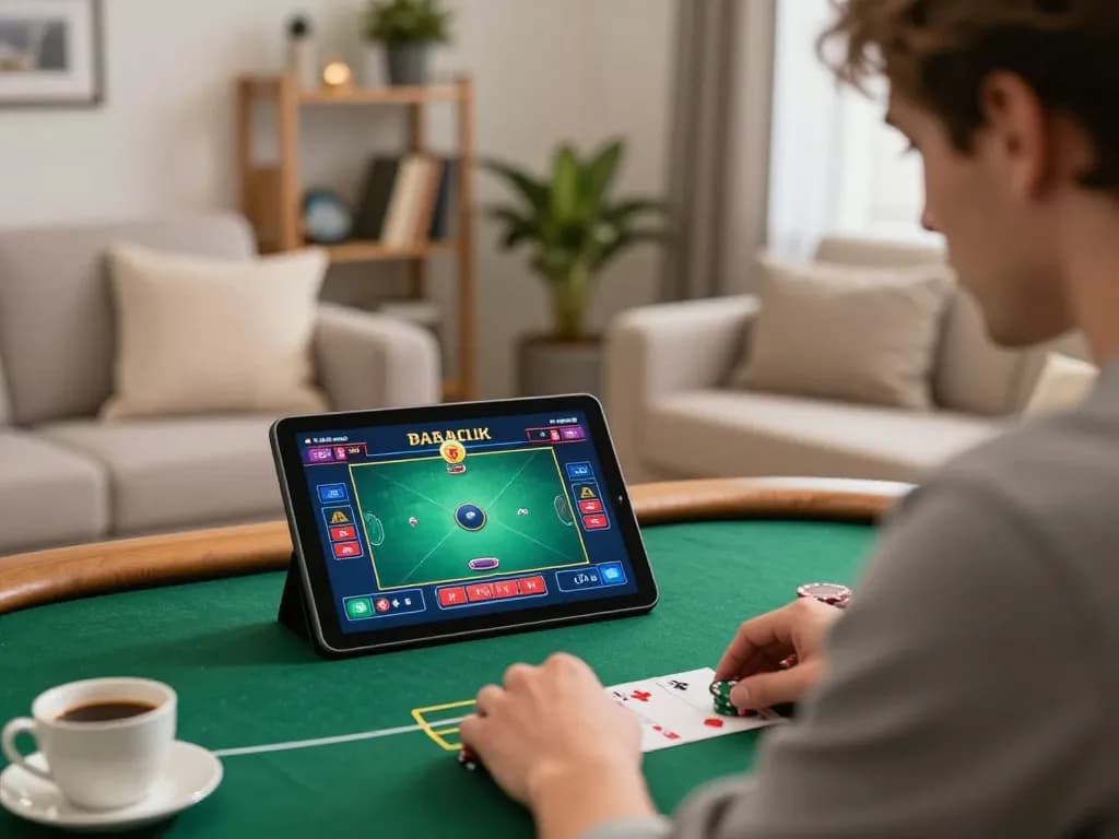 Engaging poker game on a tablet at home, showcasing f8betlv online gaming atmosphere with strategic play.