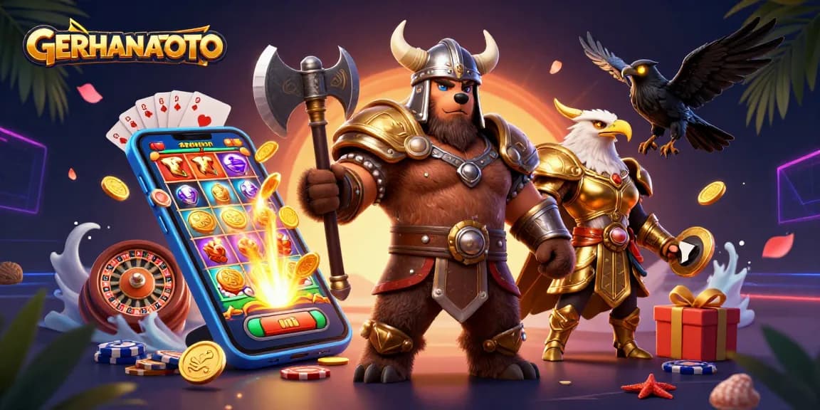 Permainan slot interaktif GERHANATOTO dengan karakter Viking dan elang dalam ilustrasi 3D yang menarik.