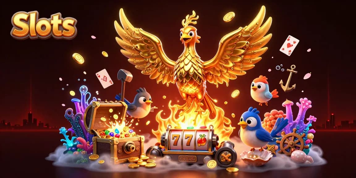 Spin vibrant Slots with a golden phoenix and treasure in a dramatic, animated scene.