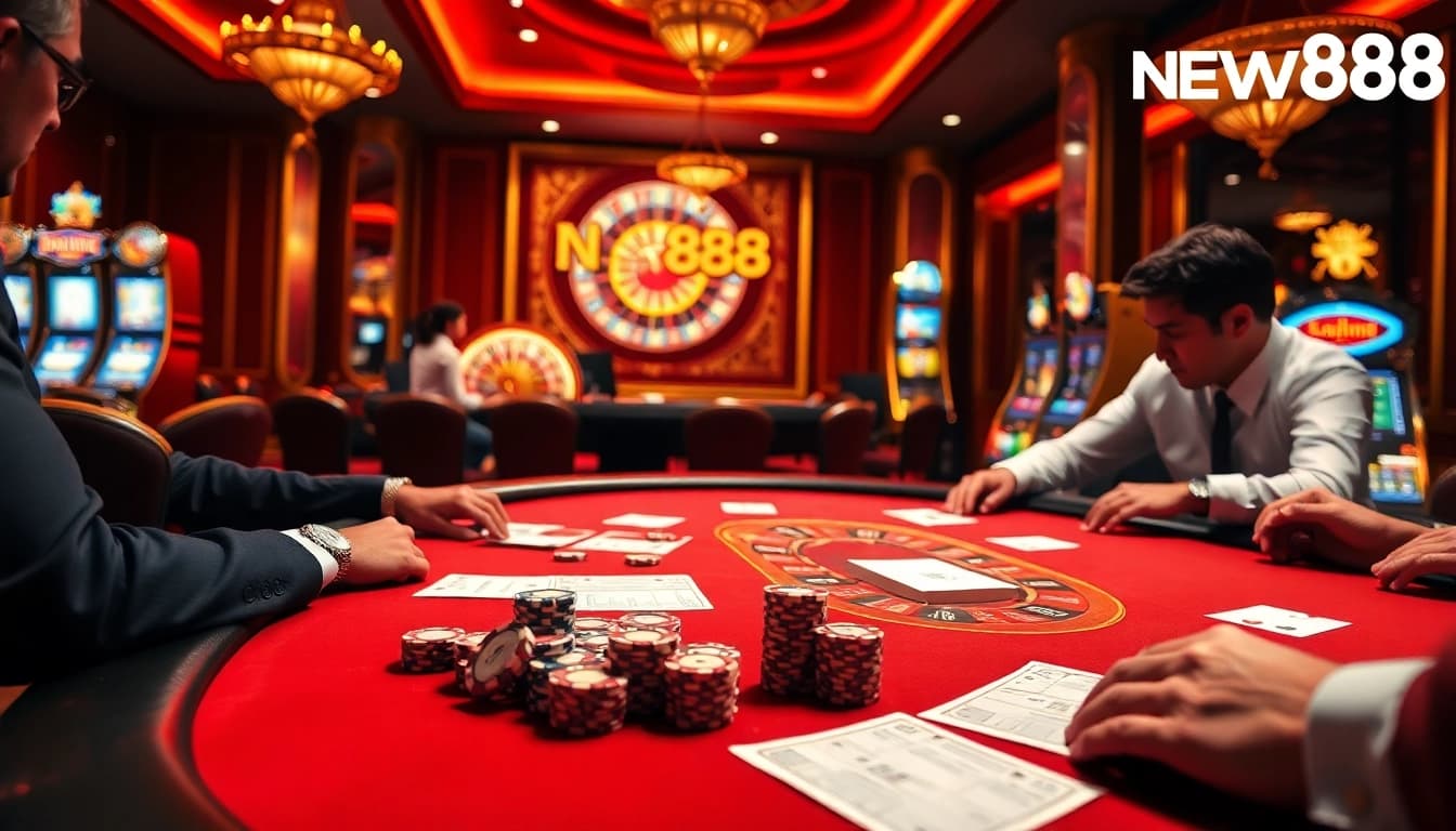 Experience the thrill of NEW888's vibrant casino atmosphere with poker action and roulette excitement.