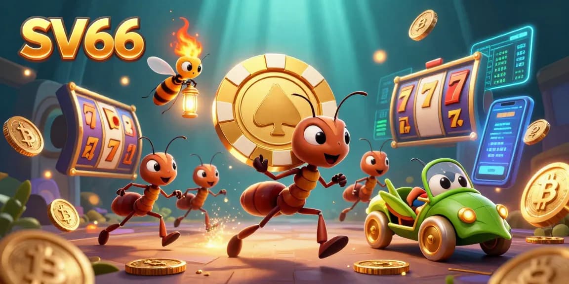 Ants carry a golden poker chip in a vibrant SV66 casino heist scene with slot elements.