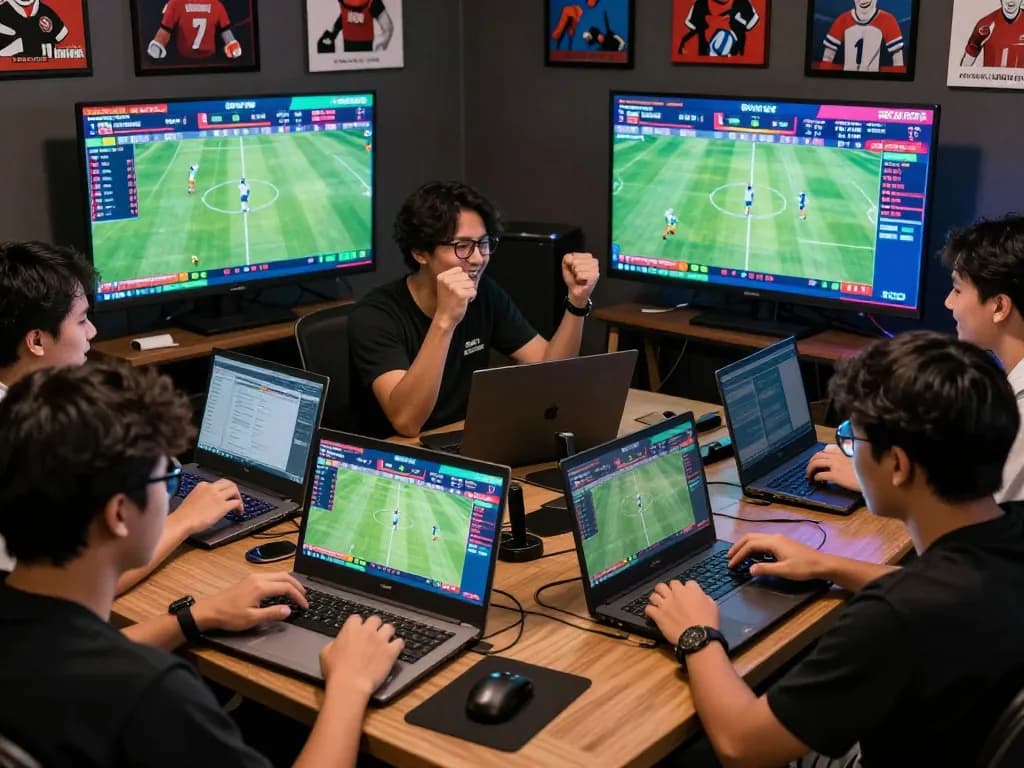Engaged gamers placing live Judi Bola bets in a vibrant atmosphere.