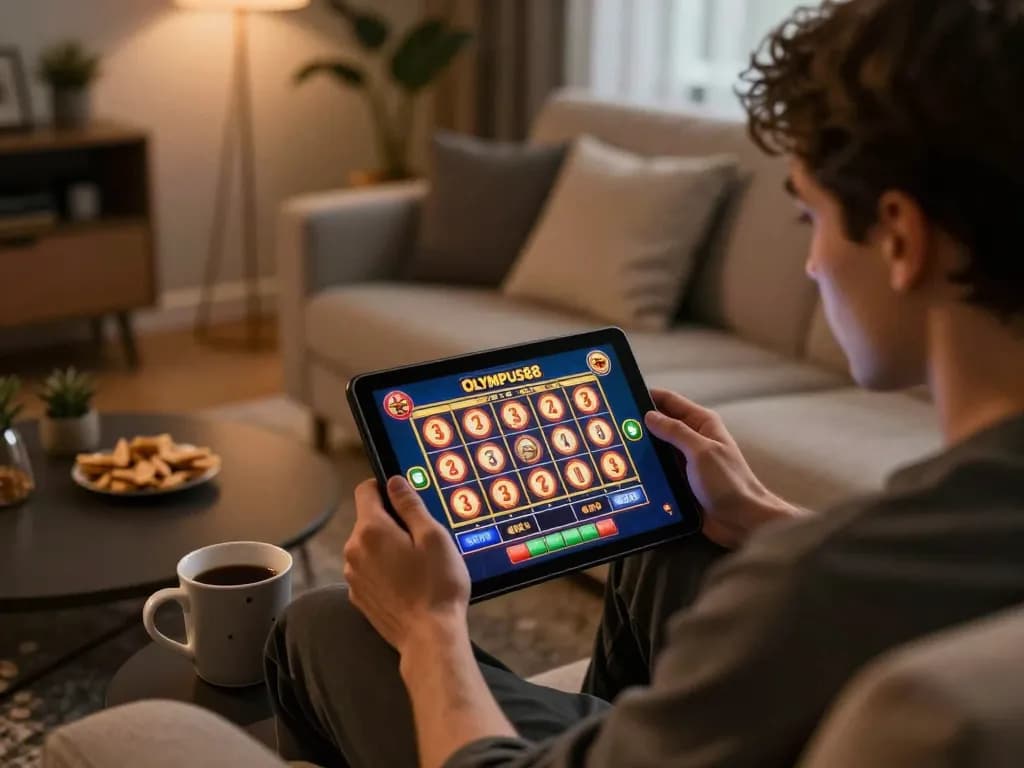 Engaged player experiencing OLYMPUS88 slot game on tablet in cozy home setting.