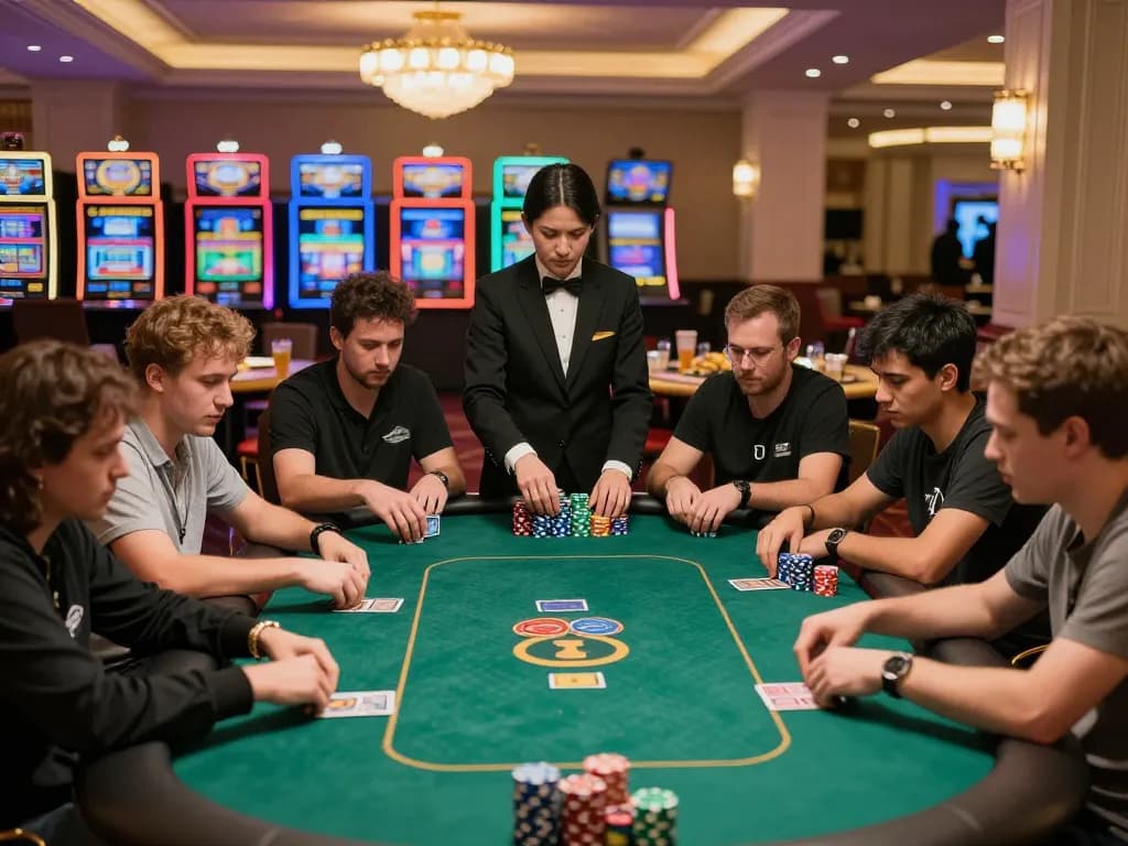 Aksi permainan poker Kikitoto dengan pemain dan dealer yang intens mengelola permainan dengan taruhan tinggi.