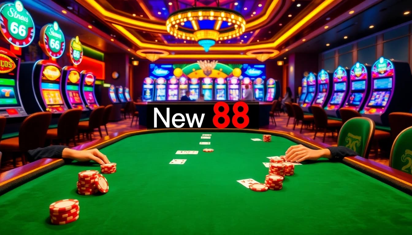 Players engaging at a poker table in a vibrant casino setting featuring New 88 branding.