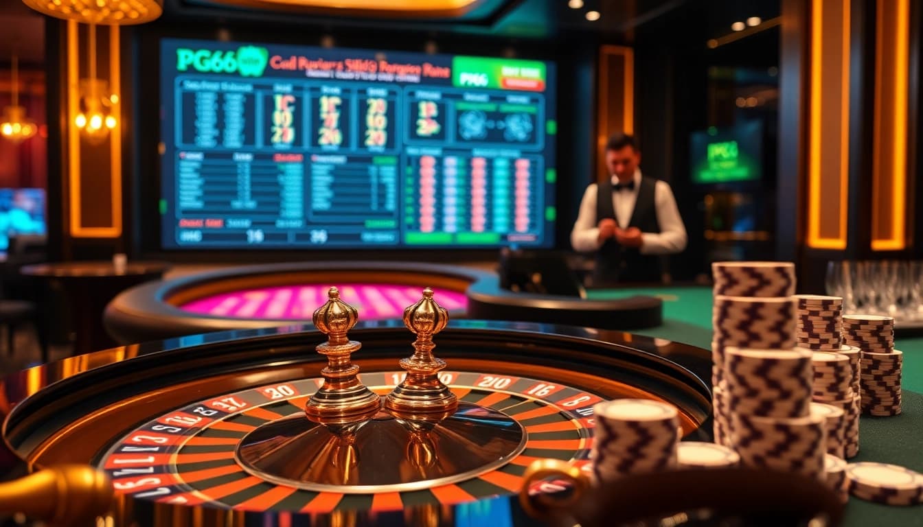 PG66 players placing bets at an exciting roulette table in a luxurious casino environment.