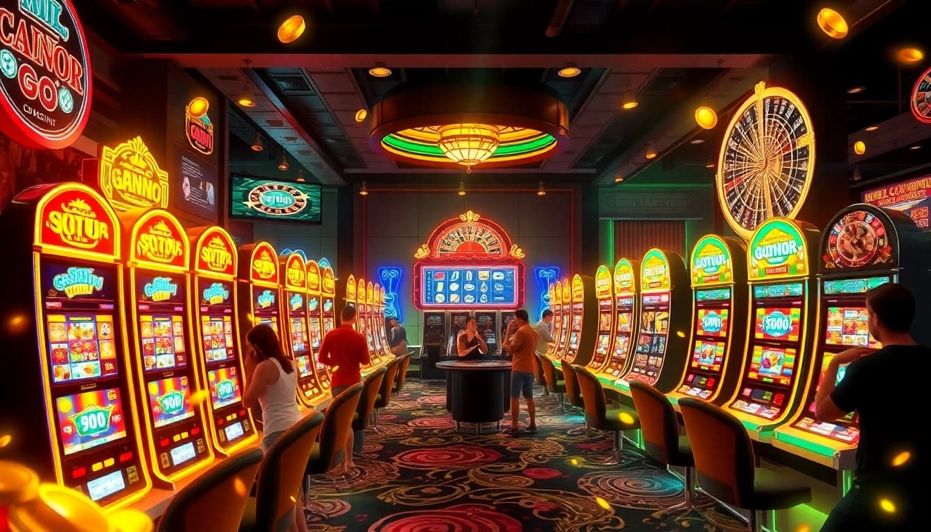 Players enjoying vibrant slot gacor machines in a luxurious casino setting, filled with excitement and winning potential.