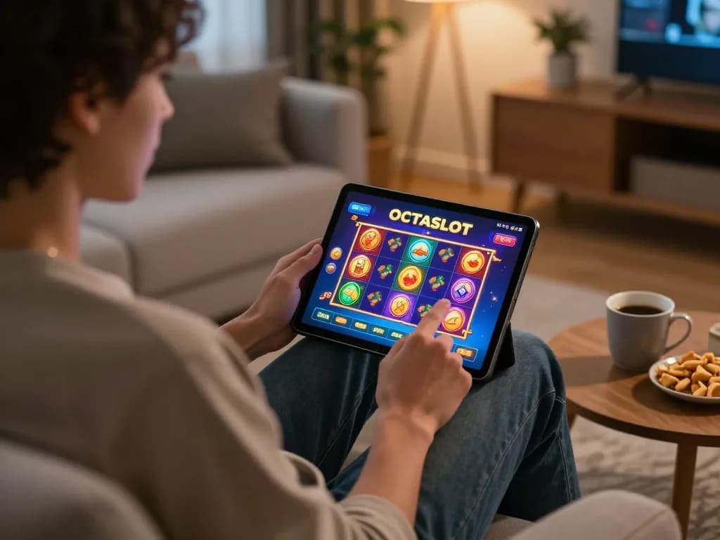 Person enjoys mobile OCTASLOT betting on tablet in cozy living room setting.