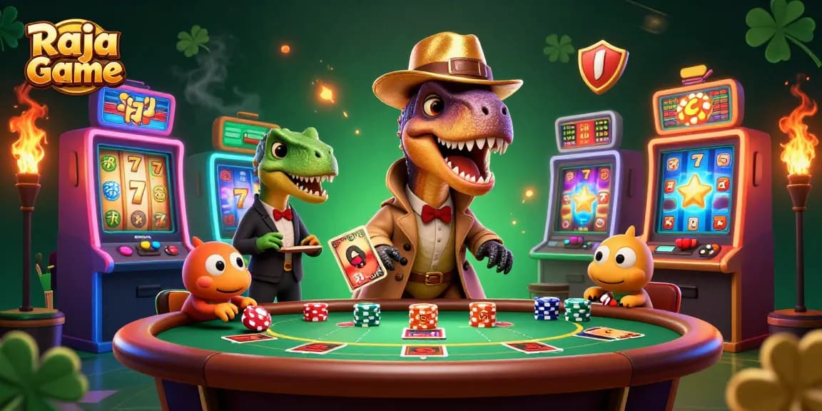 Play exciting games on Raja Game with a colorful 3D casino scene featuring characters and slot elements.