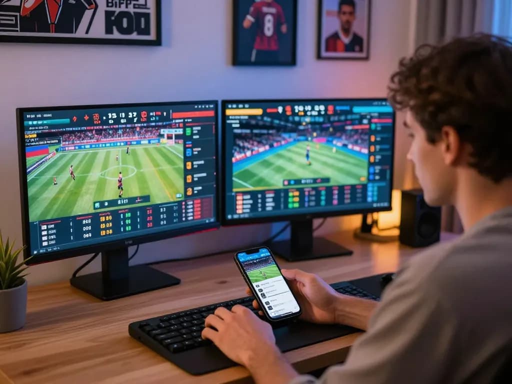 Person using sports betting app on smartphone while analyzing live odds on two screens for nowgoal