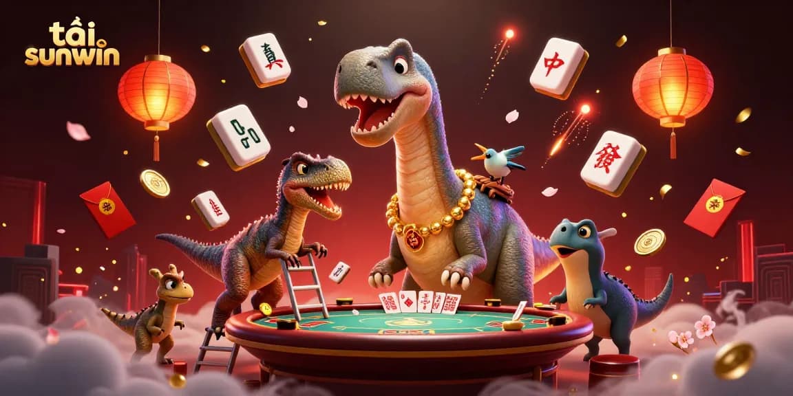 Play tải sunwin at an exciting casino scene with animated dinosaurs and vibrant game elements.