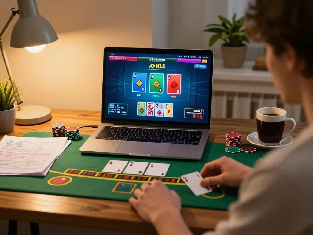 KONG88 player engaging in live blackjack on a laptop at home, showcasing strategic gaming environment