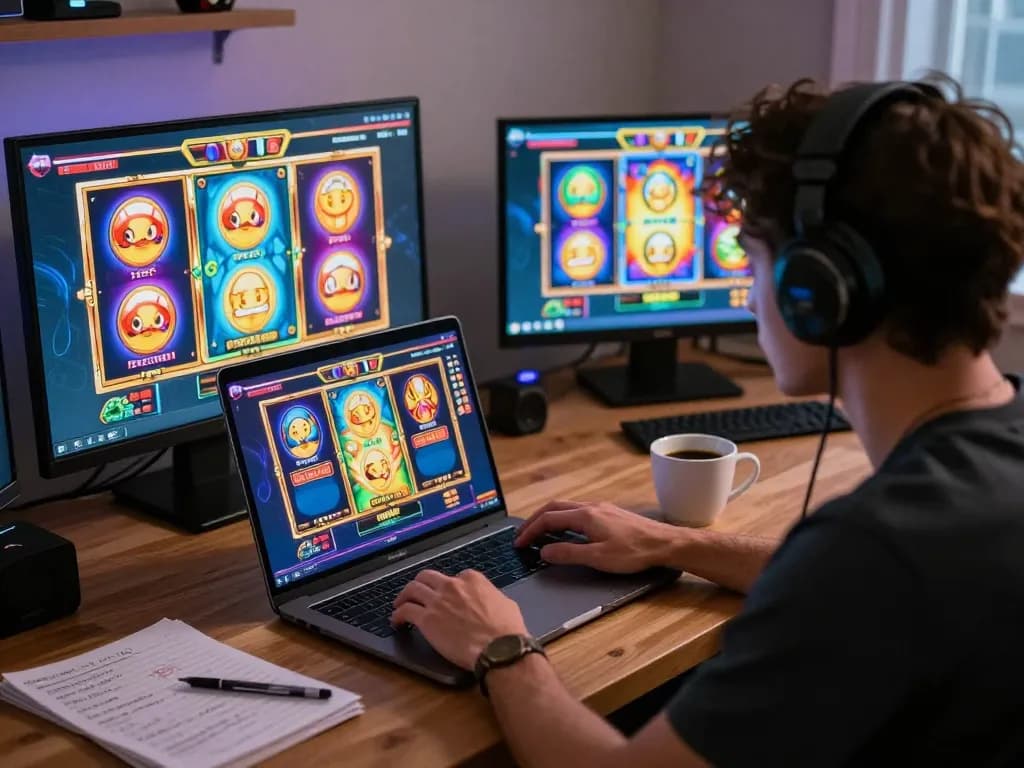 Player enjoying an intense gaming session with aman788 slot games on a laptop, showcasing vibrant interface and home setting.