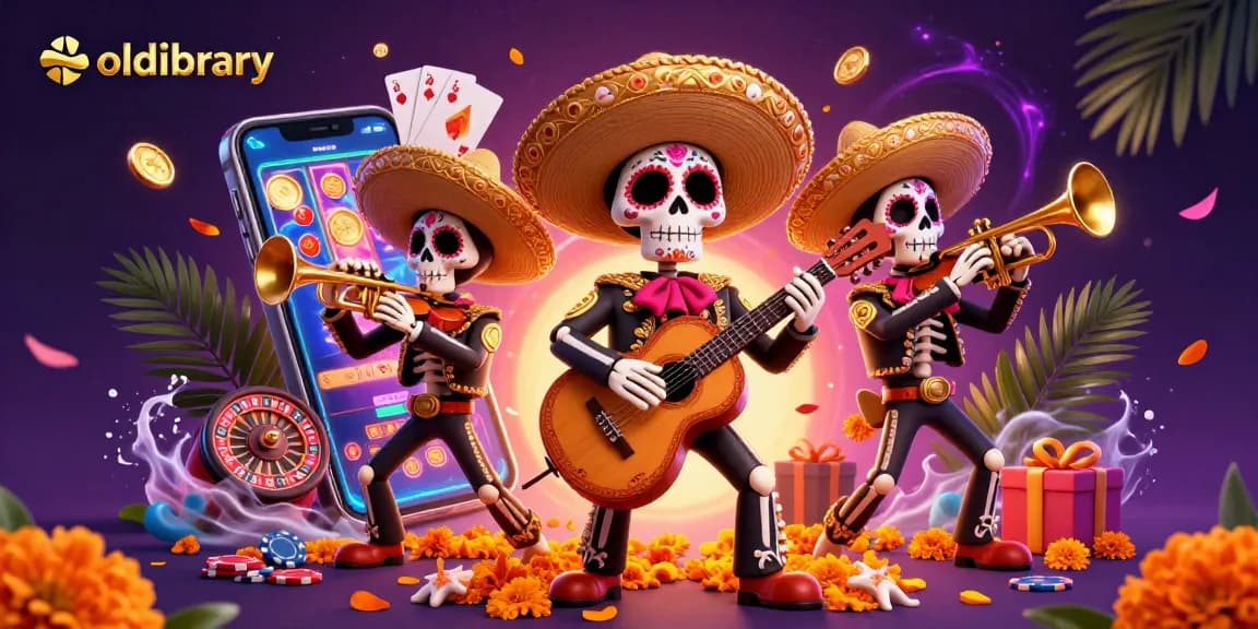 Engage with oldlibrary's thrilling 3D Day of the Dead casino illustration featuring vibrant mariachi musicians.