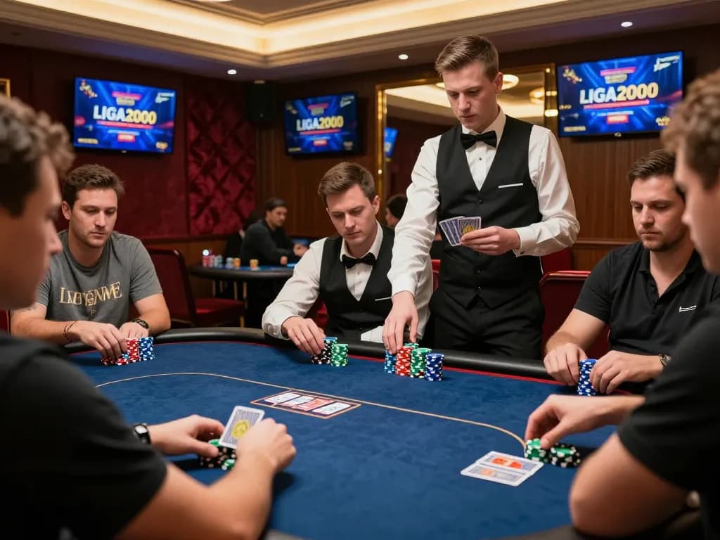 Engaged players in a high-stakes poker game showcasing LIGA2000 branding with colorful chips.