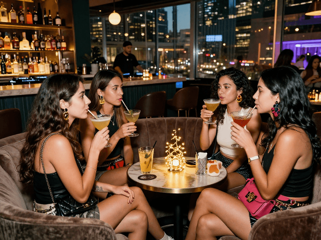 Nhóm gái gọi mặc trang phục thời trang, thưởng thức cocktail trong không gian sang trọng.