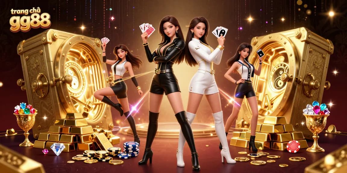 Experience the excitement of gaming at trang chủ gg88 with stunning twin Asian women displayed in a rich casino-themed illustration.