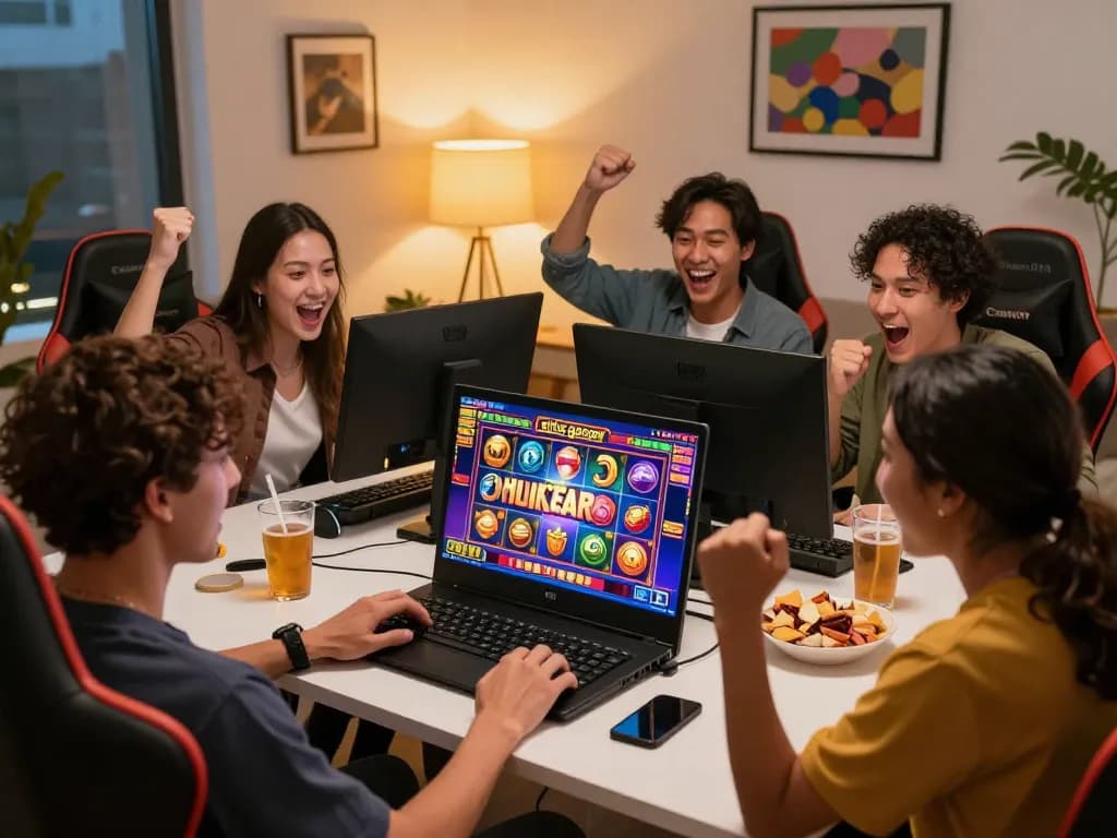 Group celebrating a win on situs gacor online slot game with vibrant visuals and festive atmosphere.