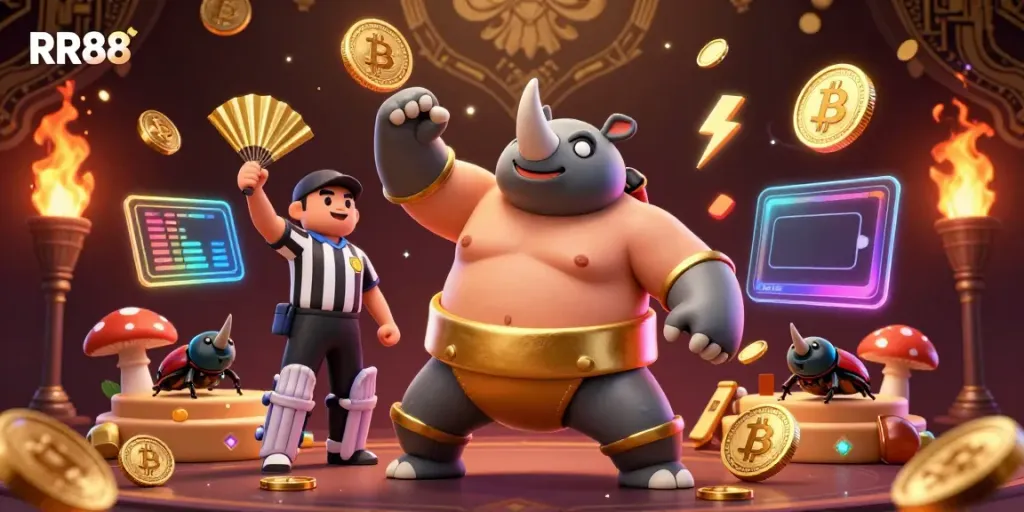 RR88 showcases a vibrant 3D gaming scene of a beetle champion launching coins amidst dynamic crypto visuals.