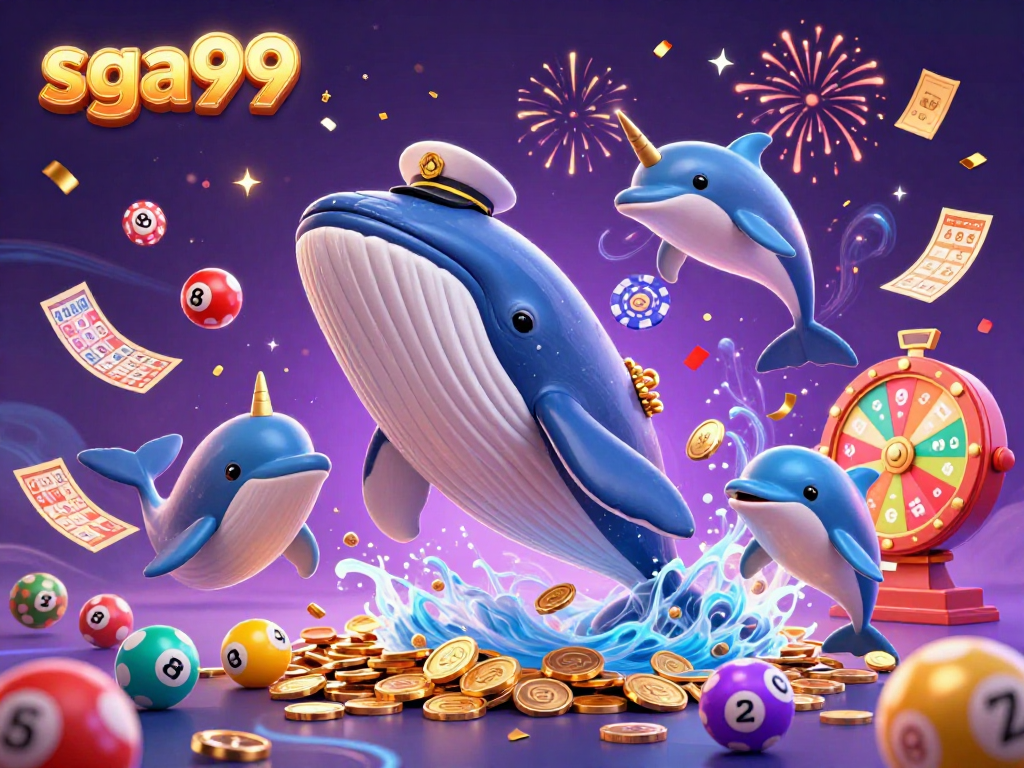 sga99 promotes thrilling gaming with a whale, narwhal, and dolphins amid a dynamic casino scene.