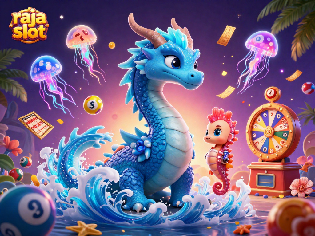 Memenangkan jackpot raja slot dengan naga air dan kuda laut berani di antara lampu neon