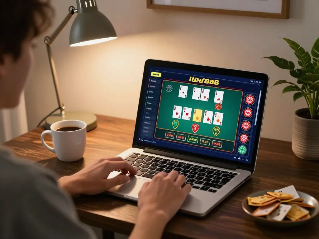 Engaging online gameplay with Hay88 on a stylish laptop, showcasing strategy and excitement in a cozy setup.