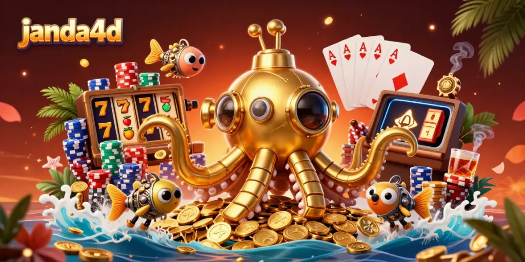 Janda4D menghadirkan suasana kasino dengan karakter kraken emas dan elemen permainan dalam ilustrasi 3D yang memukau.