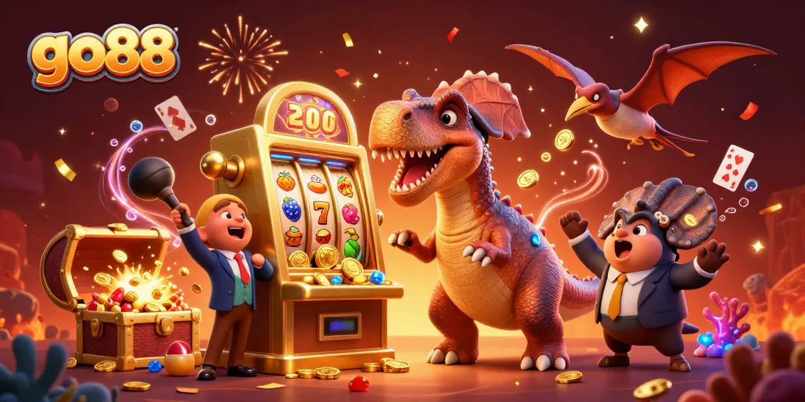 Catch golden coins with go88 at an action-packed casino scene featuring a dinosaur theme.