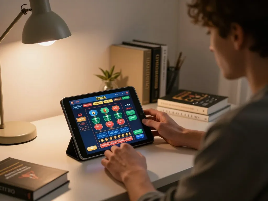 Player exploring thrilling games on 789club app in a cozy home office setup