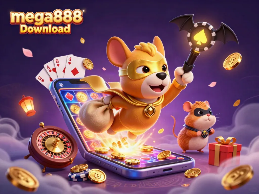Join the fun with the mega888 download as a superhero dog and hamster venture into a vibrant casino world.