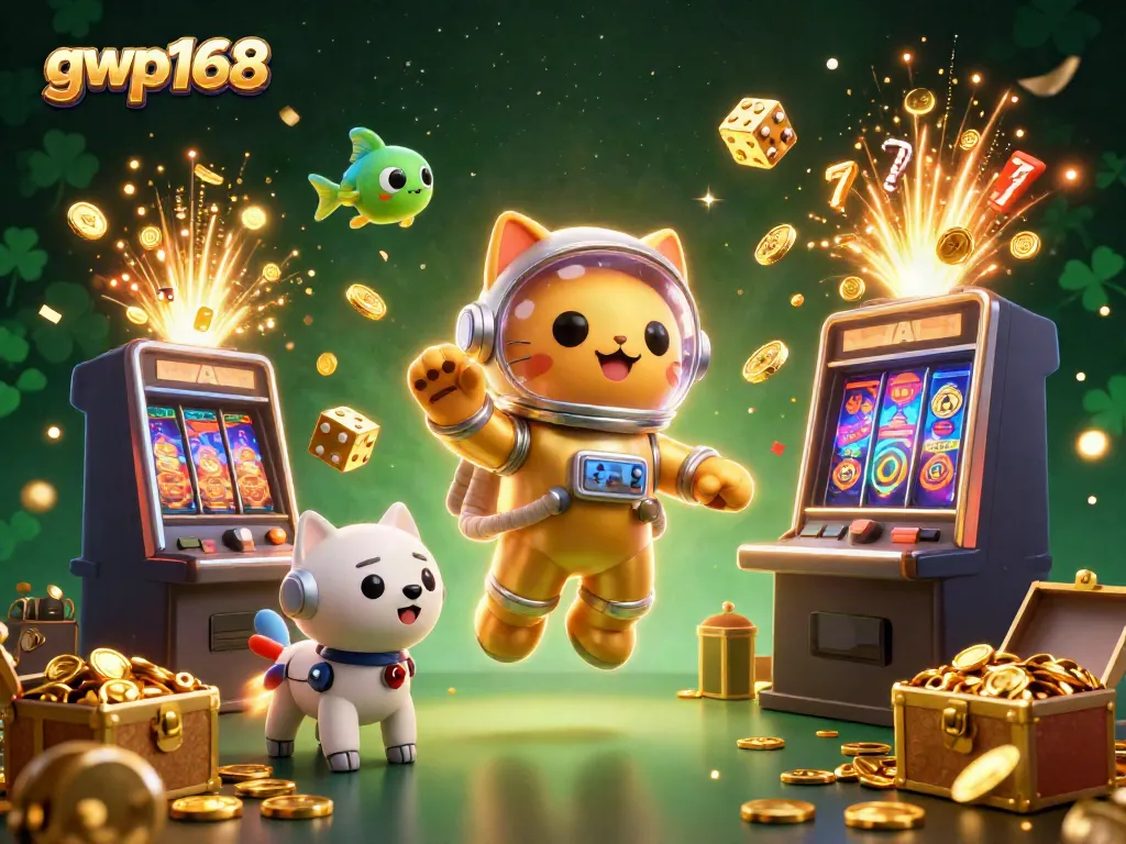 Gwp168 menghadirkan ilustrasi kasino dengan astronaut kucing dan robot anjing, dalam kebahagiaan jackpot.