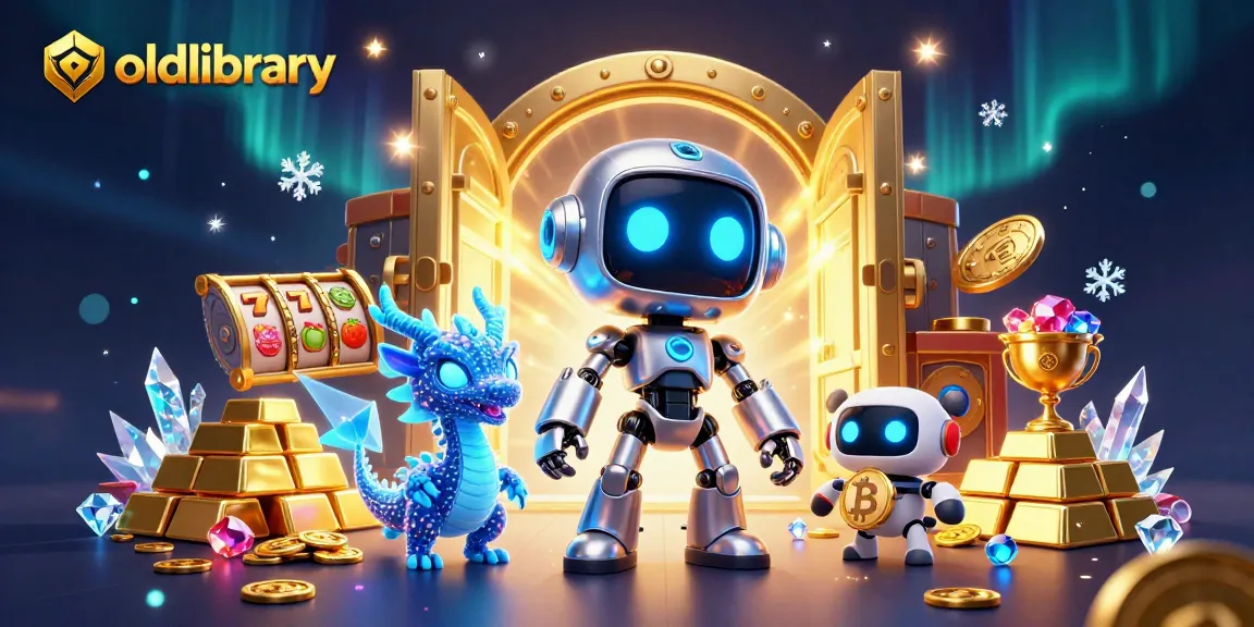 Spin the slots with oldlibrary's vibrant 3D illustration featuring a cyberpunk robot, AI dragon, and bitcoin drone.