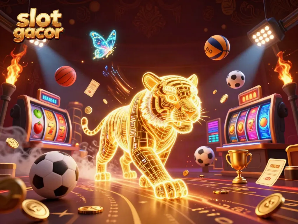 Engaging slot gacor scene with a neon golden tiger and vibrant elements in a digital casino.