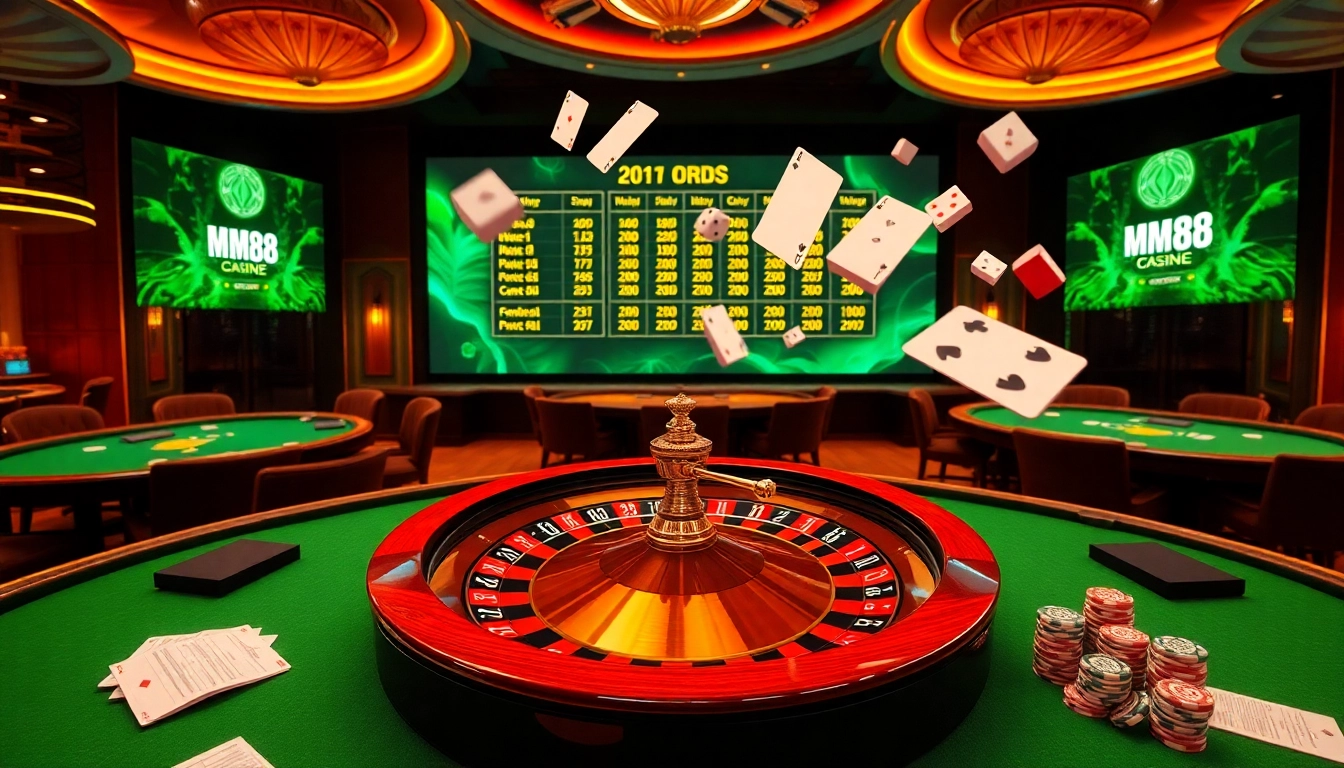 Exciting MM88 com online gambling scene featuring vibrant roulette, poker tables, and betting slips.