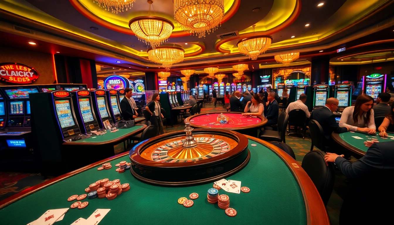 The thrilling casino scene at https://kk55.exchange/ with vibrant slot machines, roulette, and poker action.