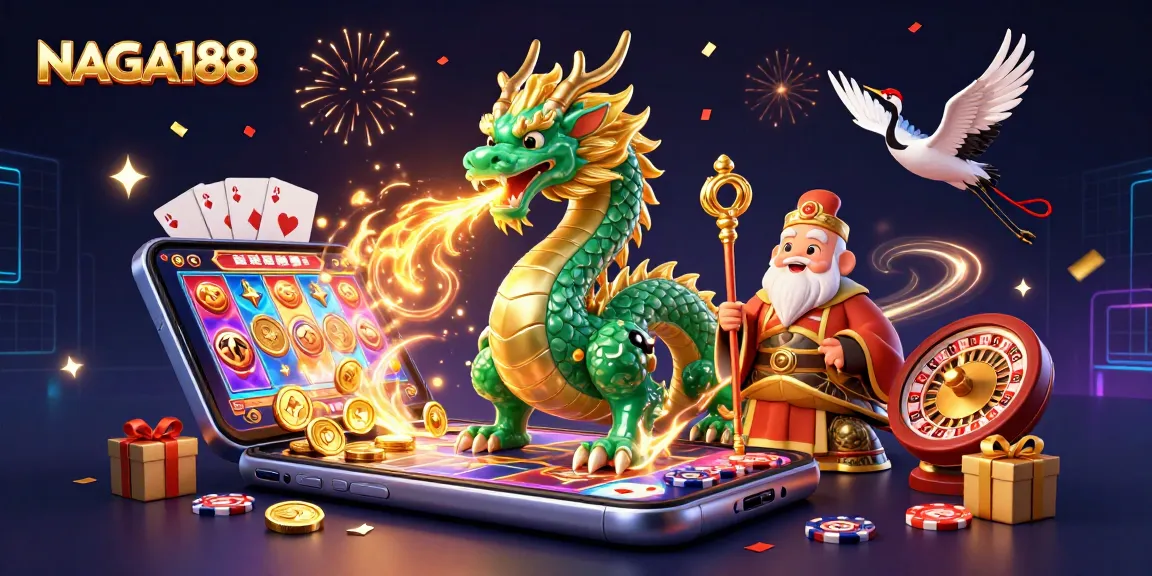 NAGA188 menawarkan pengalaman permainan slot yang seru dengan karakter naga dan elemen kasino yang berwarna.