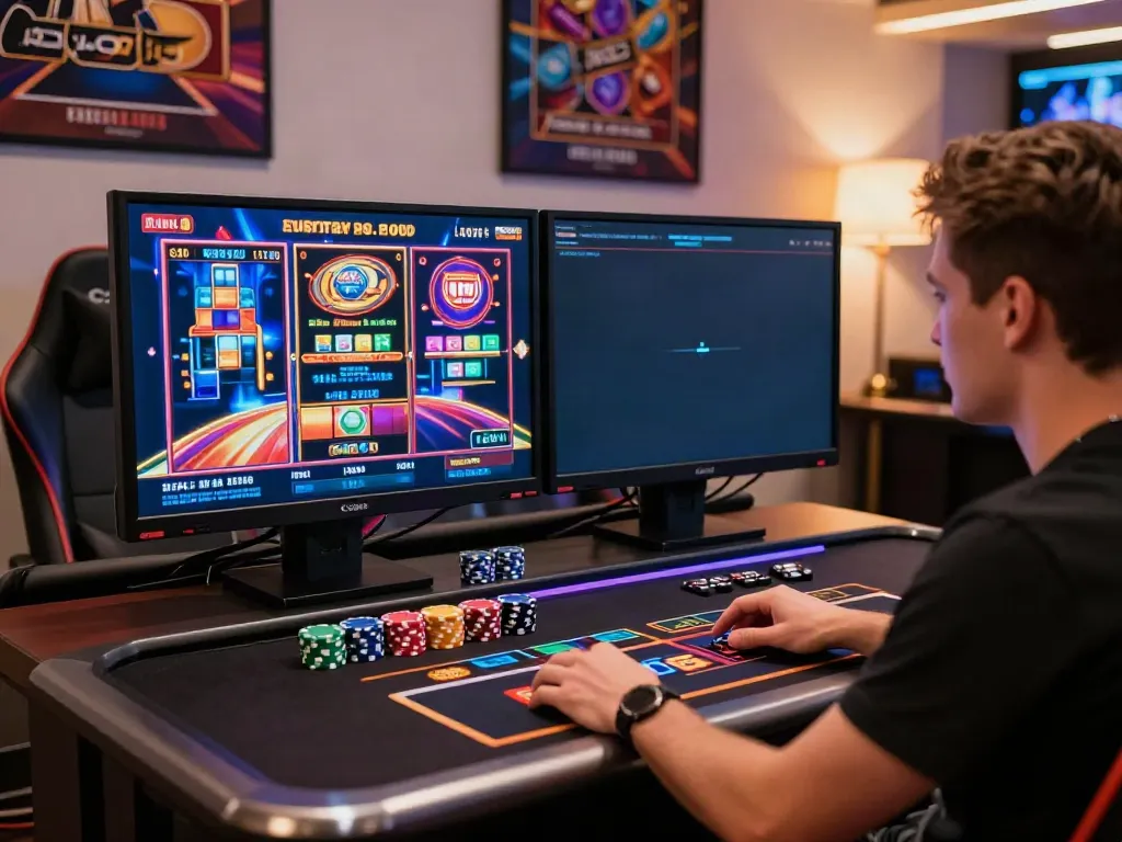Engaged player enjoying akunjp online gambling experience at a dynamic gaming setup.