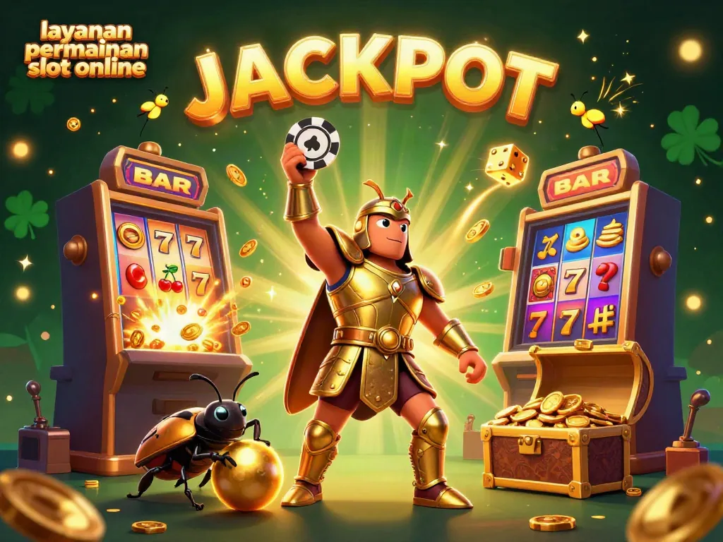 Menggambarkan layanan permainan slot online dengan ilustrasi 3D menarik yang menunjukkan simbol-simbol keberuntungan dan karakter ikonik.