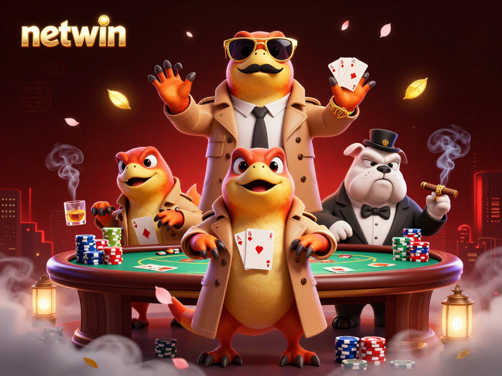 Engage with netwin's vibrant casino scene featuring raptors in disguise and poker action.