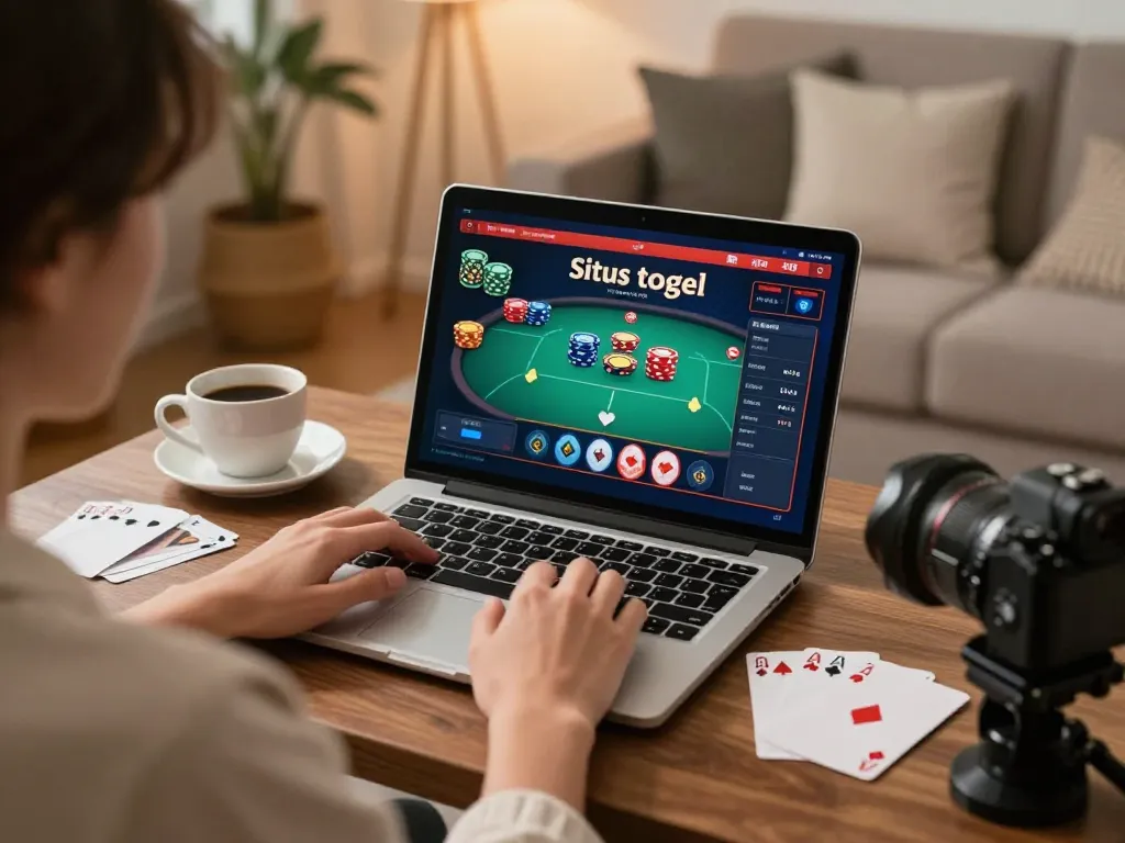 Pengalaman bermain situs togel online dengan seorang pemain yang fokus pada laptop di lingkungan rumah yang nyaman.